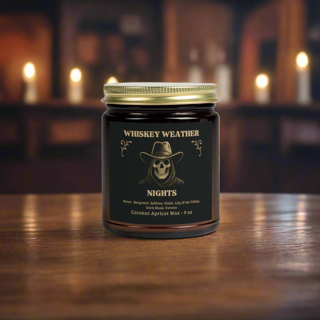 Whiskey Weather Nights candle jar with a gold lid