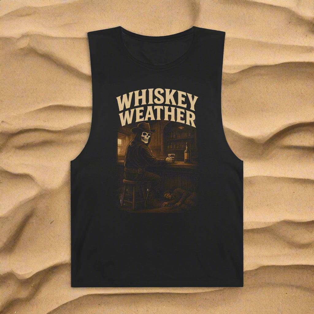 Black tank top with 'Whiskey Weather' graphic design on a white background