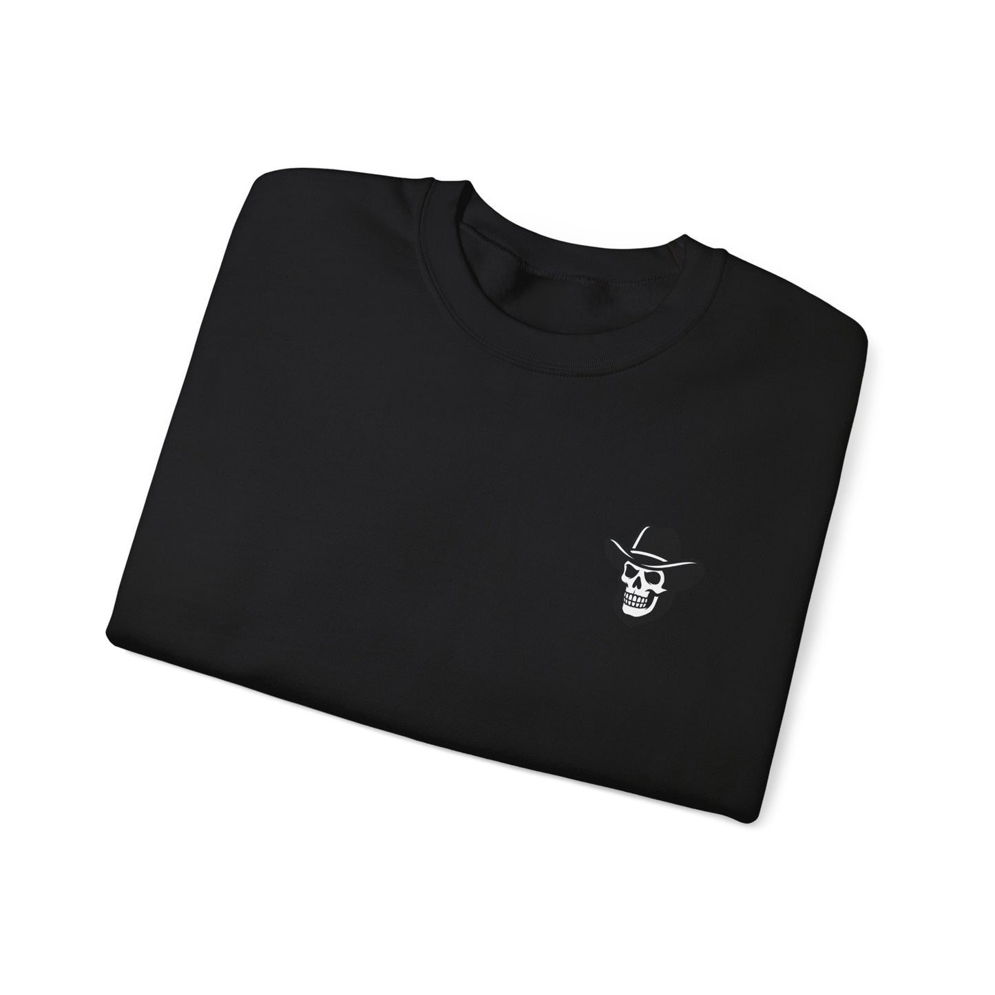 Folded black sweatshirt with a white skull and hat design on a white background