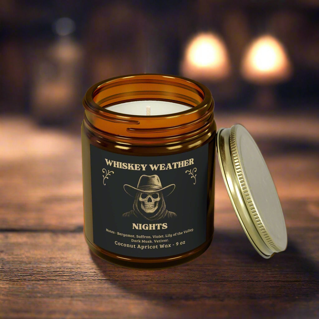 Candle jar with 'Whiskey Weather' label on a wooden table