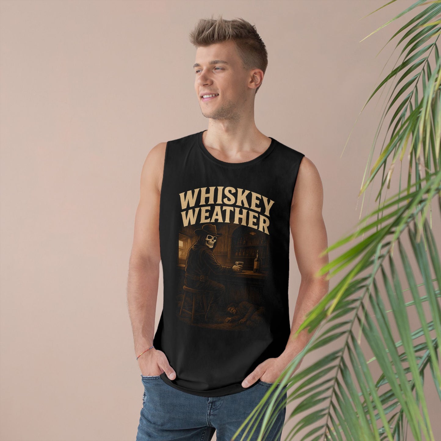 Man wearing a black sleeveless shirt with 'Whiskey Weather' text, standing against a beige background with a plant.