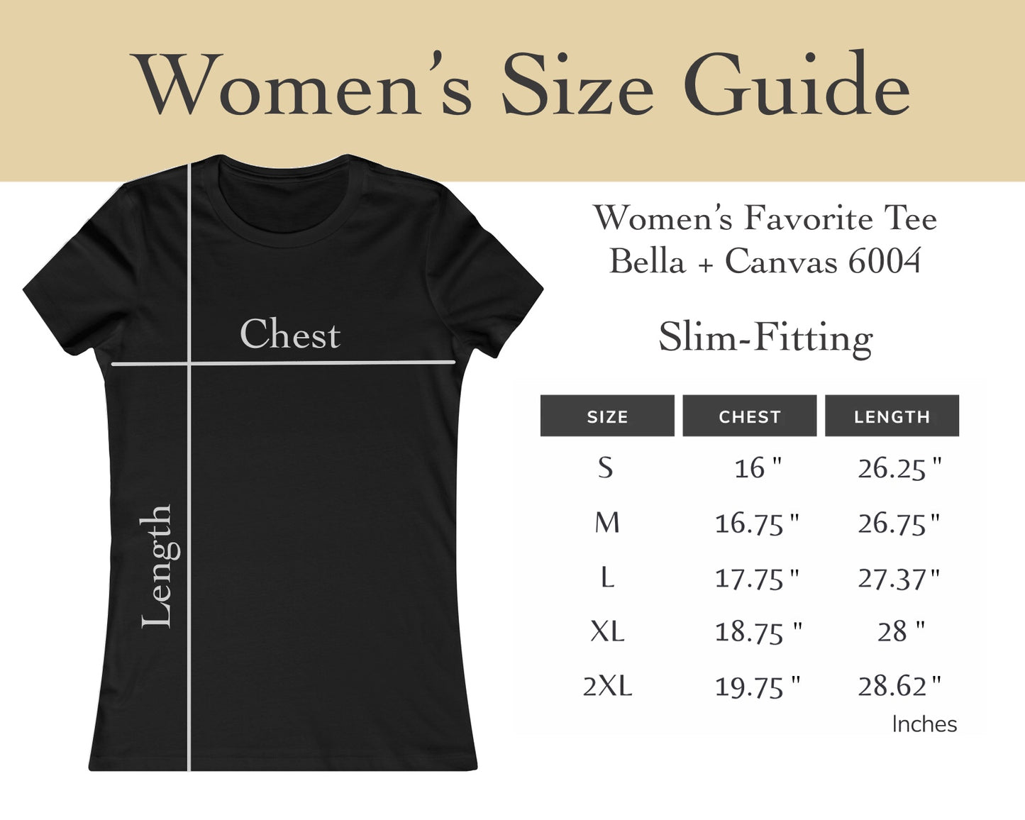 Black t-shirt with women's size guide on a beige background