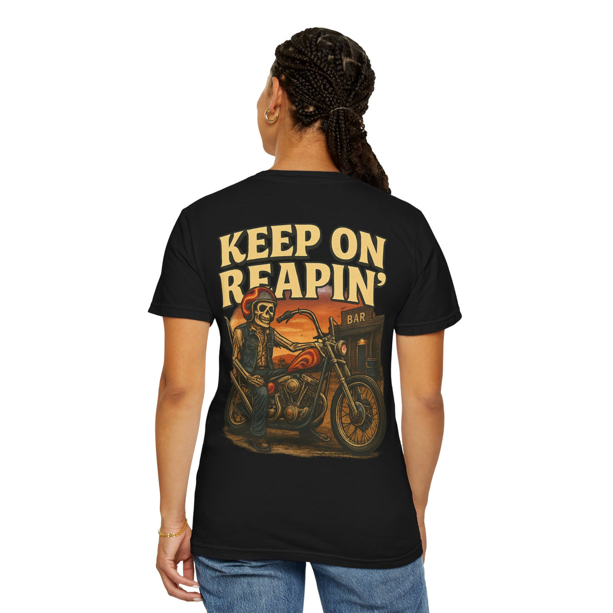 Keep On Reapin’ – 1970s Chopper Rider Skeleton T Shirt - Thousand Year Co