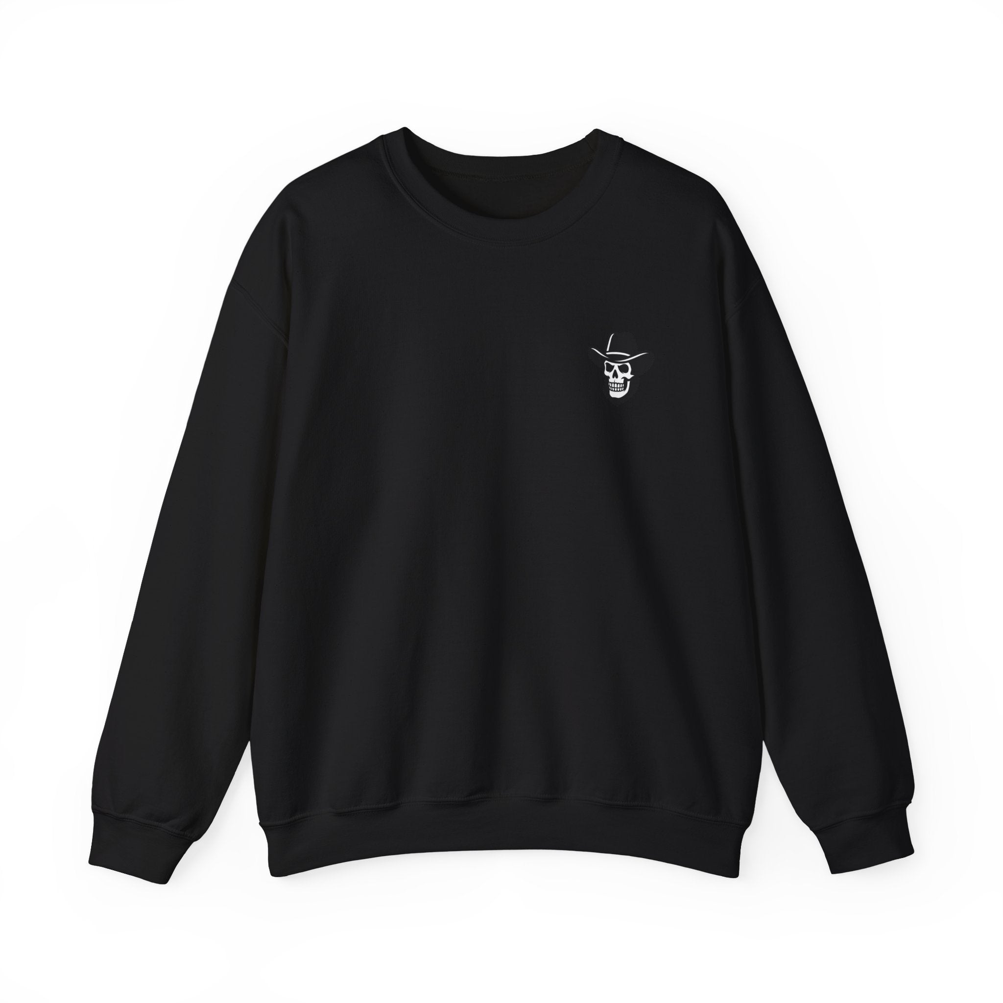 Black sweatshirt with a small white logo on a white background