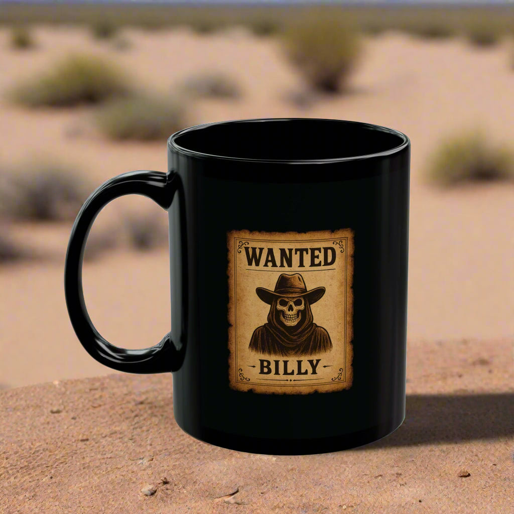 Black mug with a 'Wanted' poster design featuring a skeleton in a cowboy hat on a white background.