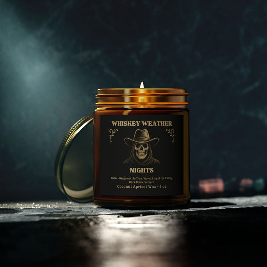 Whiskey Weather Nights candle with a dark background