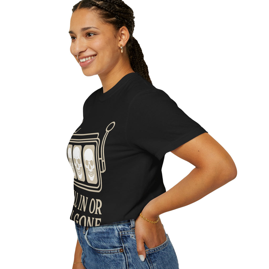 Woman wearing a black t-shirt with graphic design on a white background