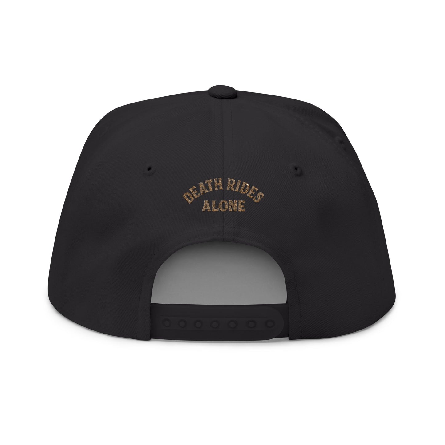 Black cap with 'Death Rides Alone' text on a white background