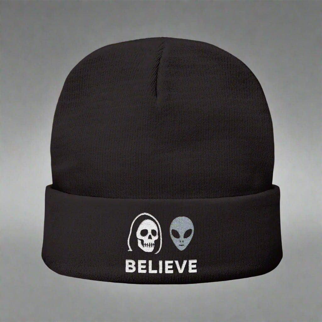 BELIEVE – Embroidered Beanie | Alien × Reaper Horror Headwear - Thousand Year Co