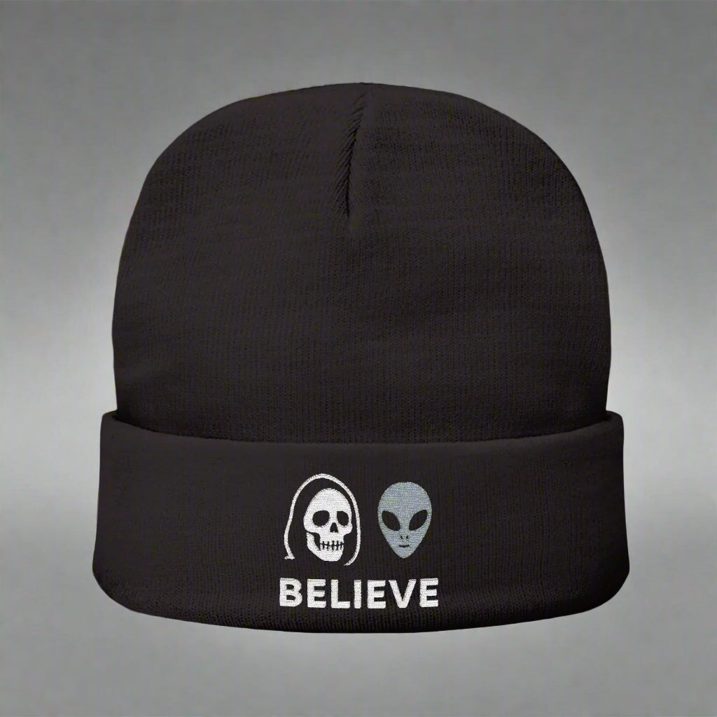 BELIEVE – Embroidered Beanie | Alien × Reaper Horror Headwear