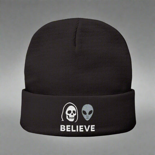 BELIEVE – Embroidered Beanie | Alien × Reaper Horror Headwear