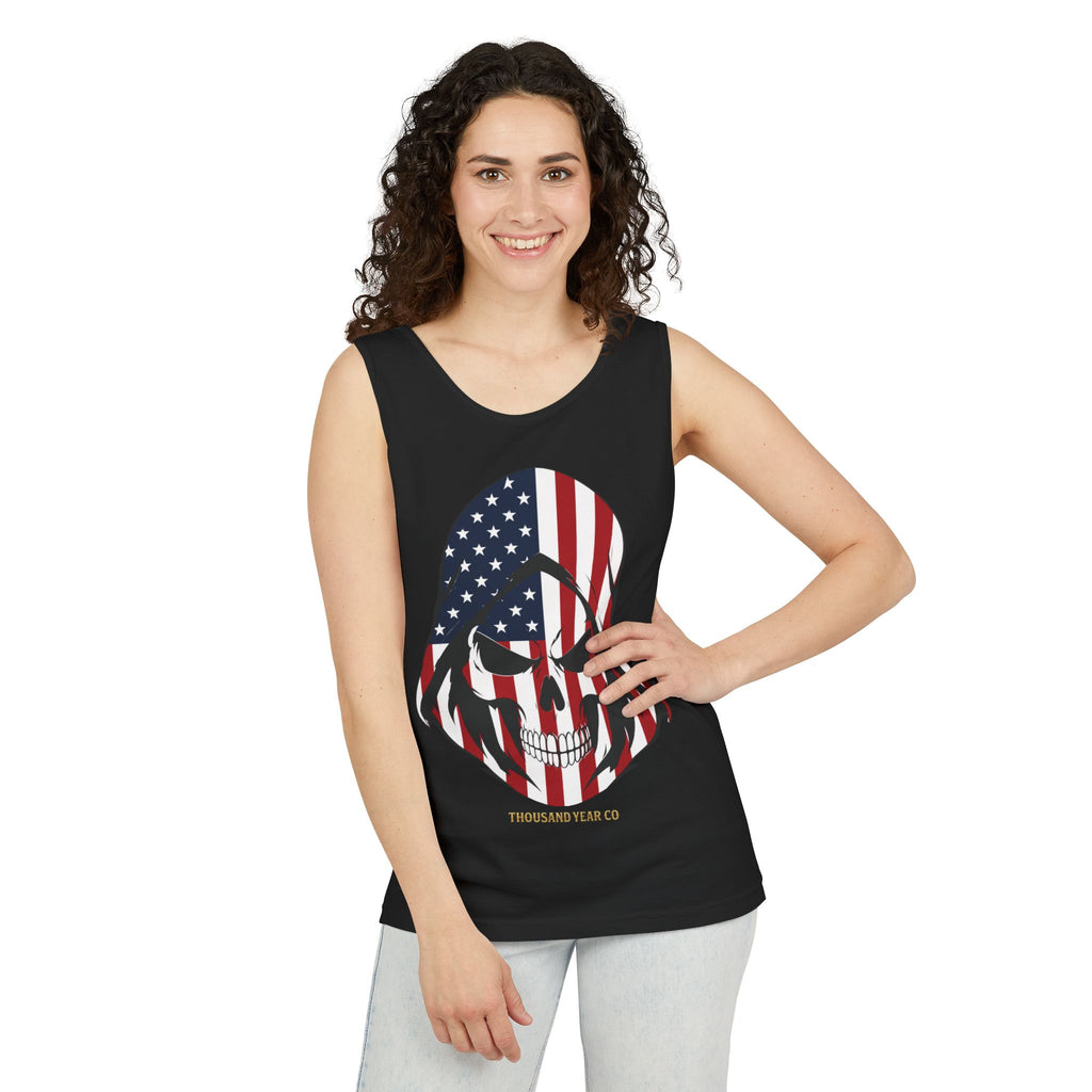 American Flag Skull Tank Top - Patriotic Hooded Skull Sleeveless Tee