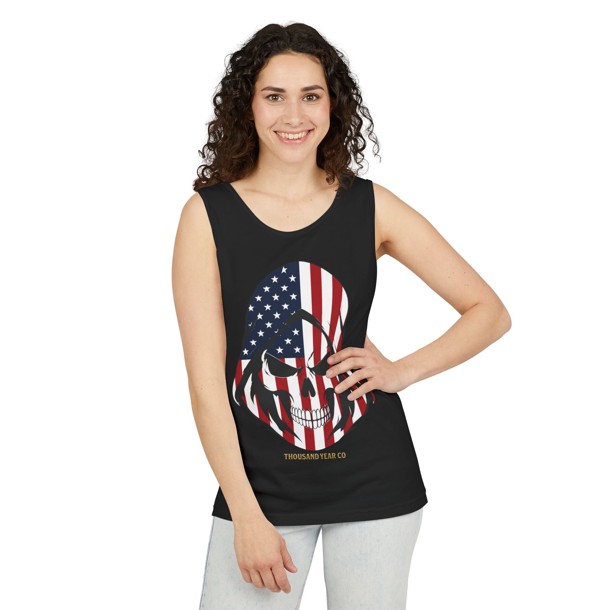 American Flag Skull Tank Top - Patriotic Hooded Skull Sleeveless Tee