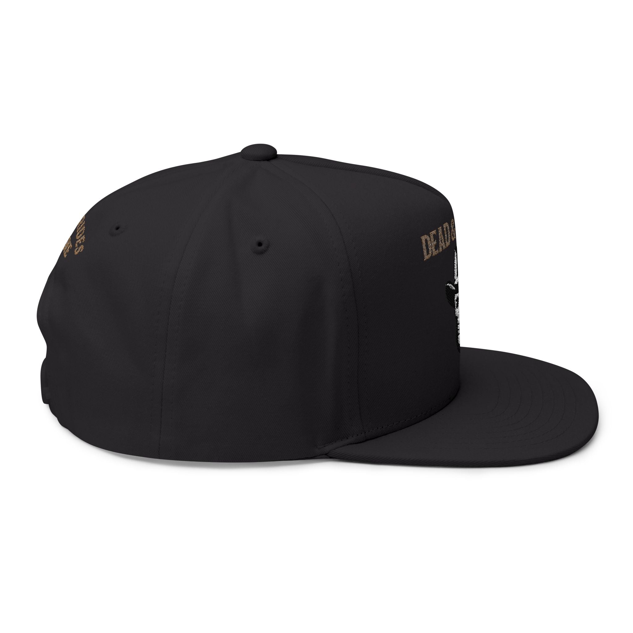 Black cap with gold text on a white background
