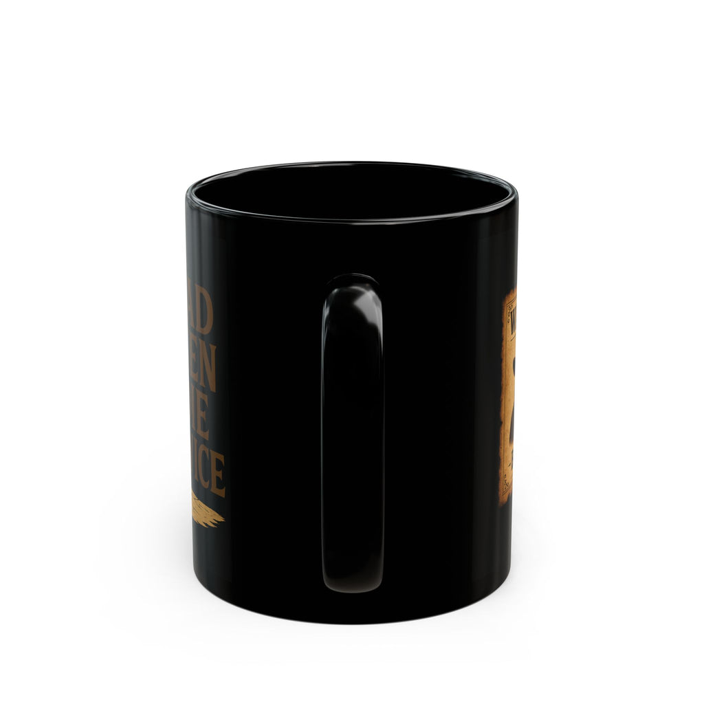 Black mug with gold text and design on a white background