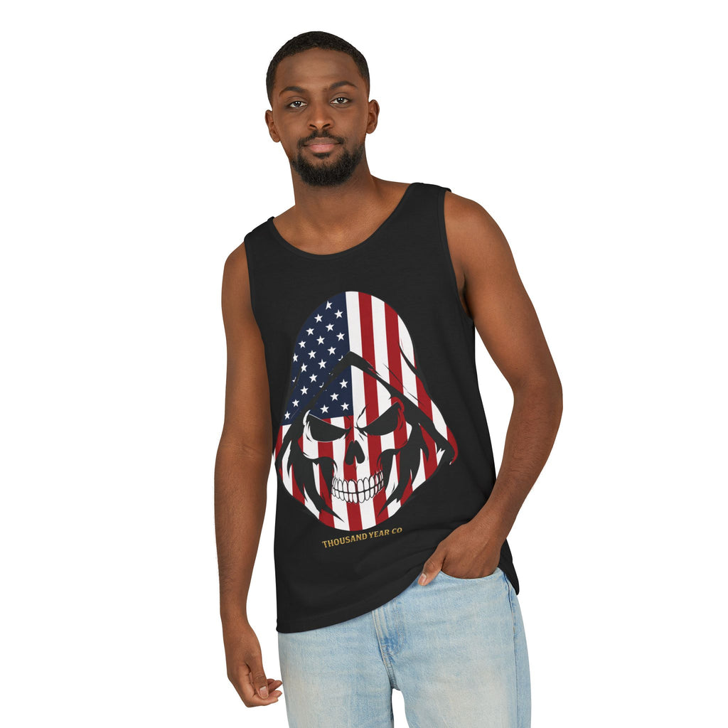 American Flag Skull Tank Top - Patriotic Hooded Skull Sleeveless Tee