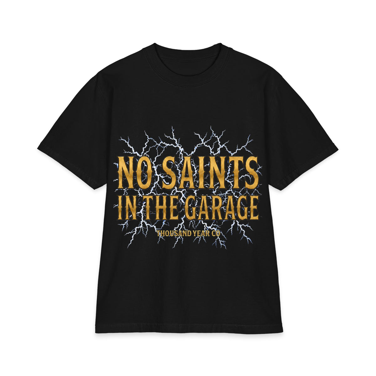 No Saints In The Garage T-Shirt - Vintage Lightning Garage Crew Tee