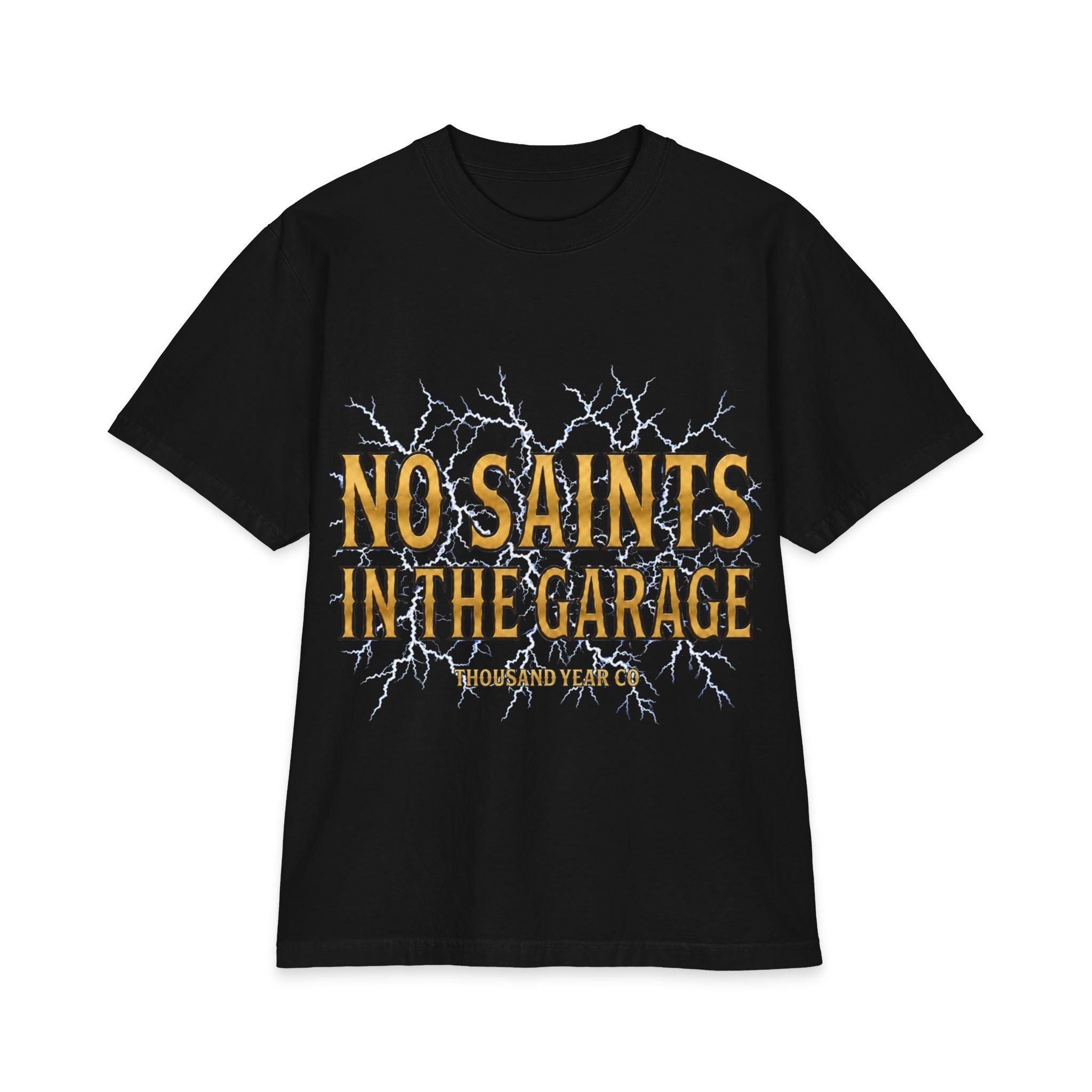 No Saints In The Garage T-Shirt - Vintage Lightning Garage Crew Tee