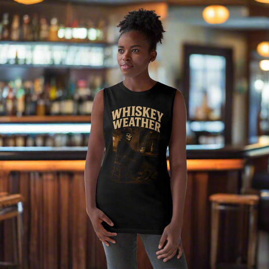 Woman wearing a black sleeveless shirt with 'Whiskey Weather' text against a light background