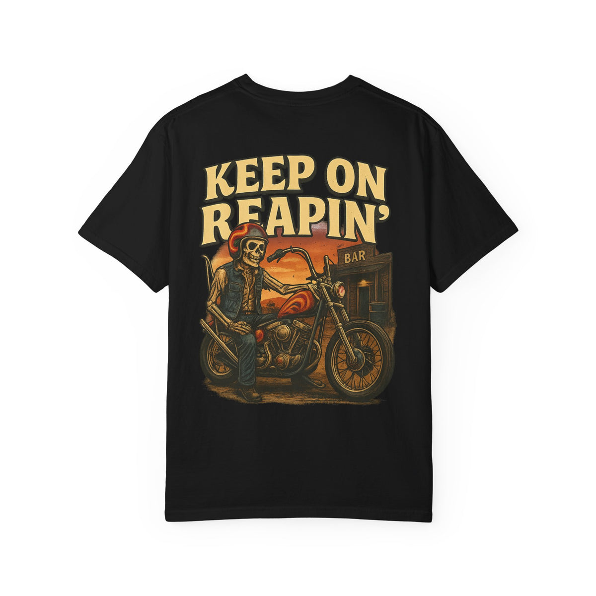 Keep On Reapin’ – 1970s Chopper Rider Skeleton T Shirt - Thousand Year Co