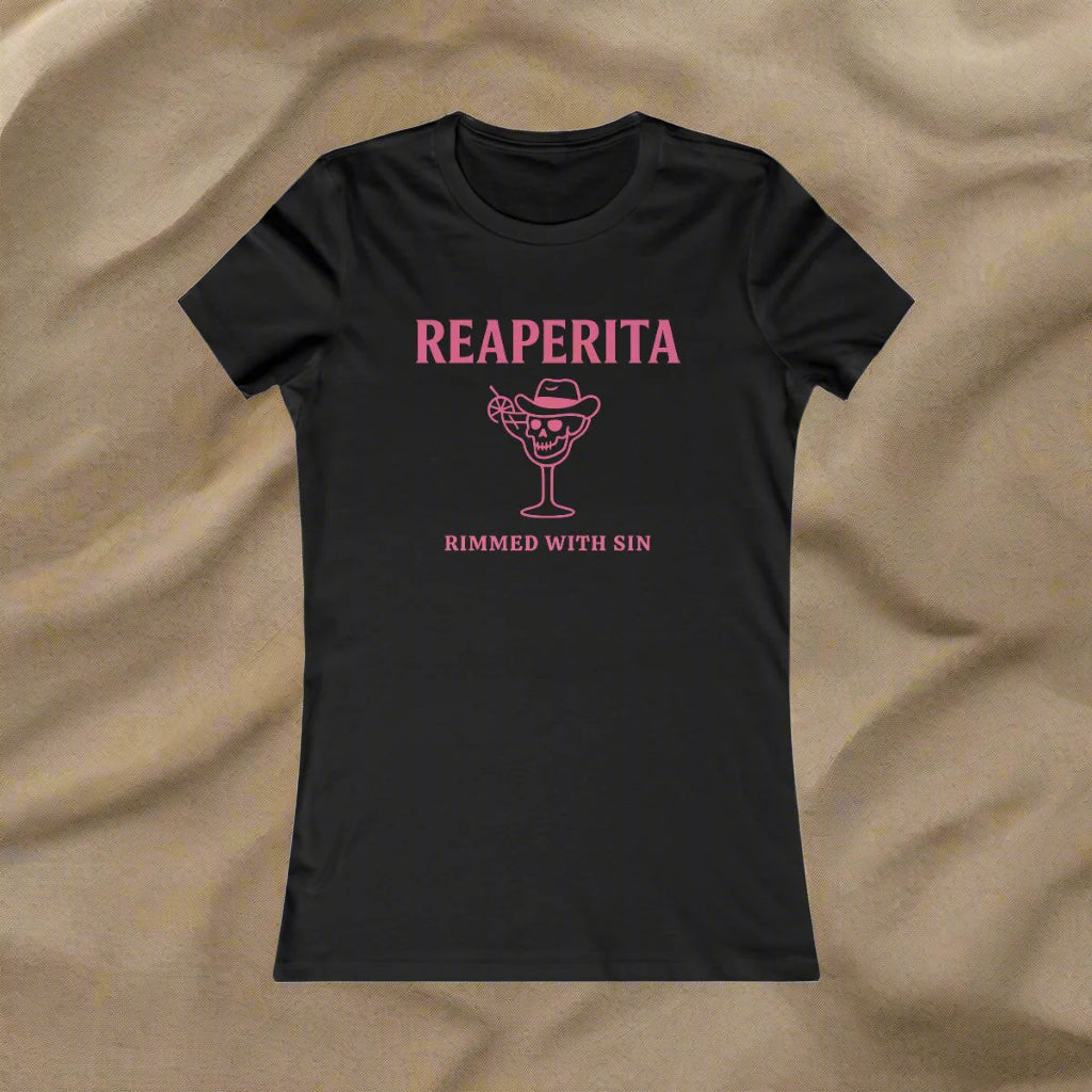 Black t-shirt with pink graphic and text on a white background