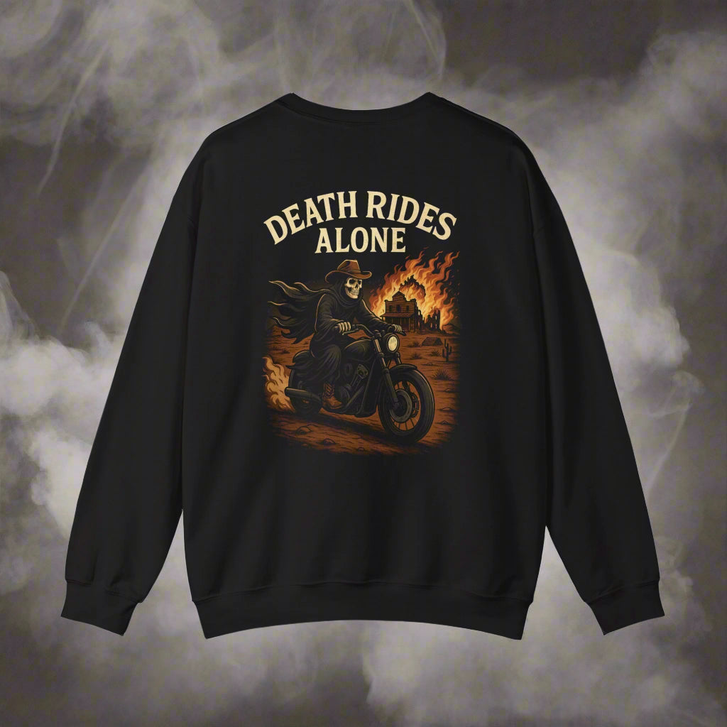 Black sweatshirt with 'Death Rides Alone' graphic and text on a white background
