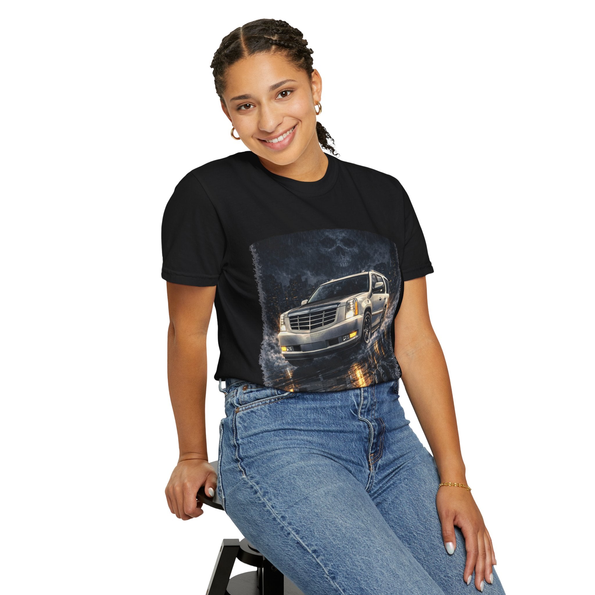 Cadillac Escalade Concrete King - T-Shirt on sitting female model - Thousand Year Co