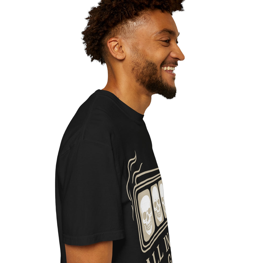 Man wearing a black t-shirt with a graphic design on a white background