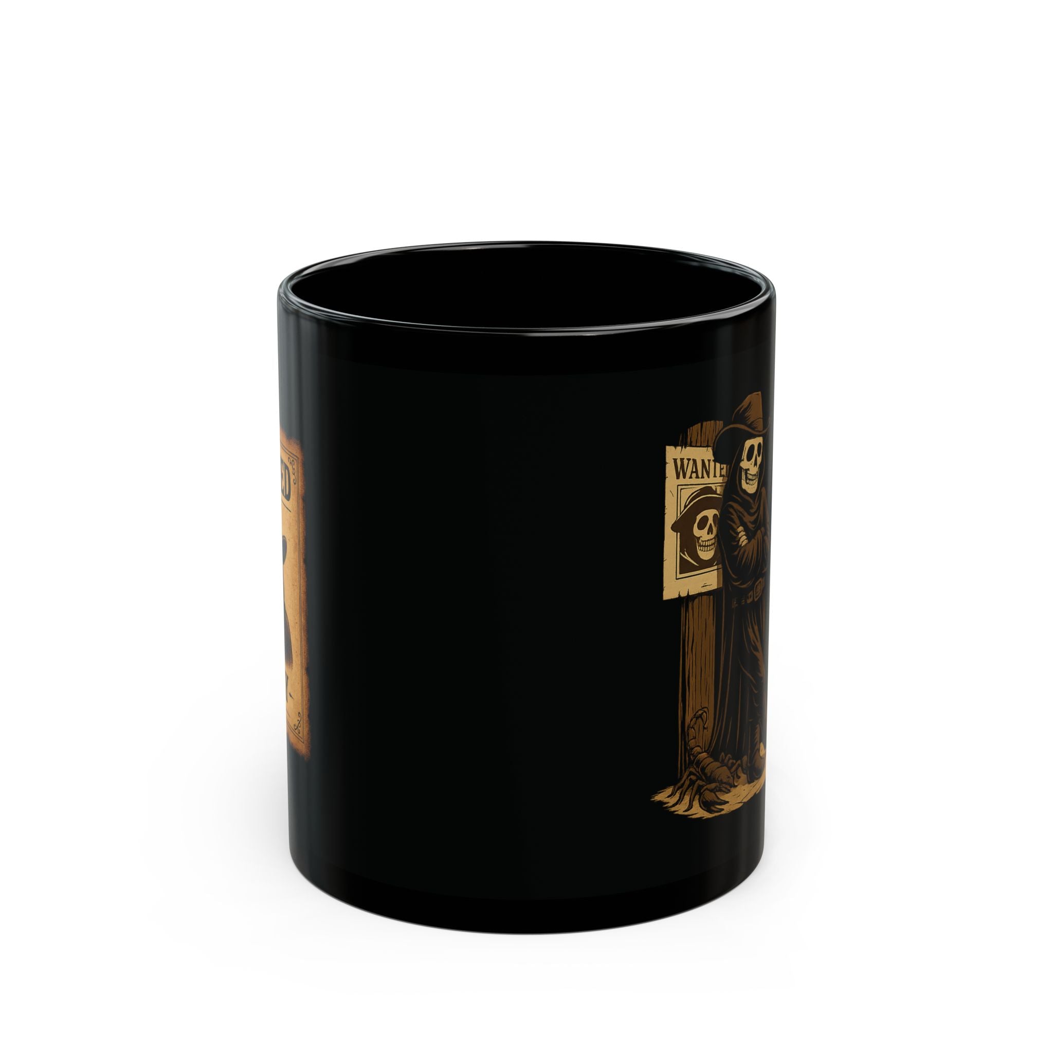 Black mug with gold designs on a white background
