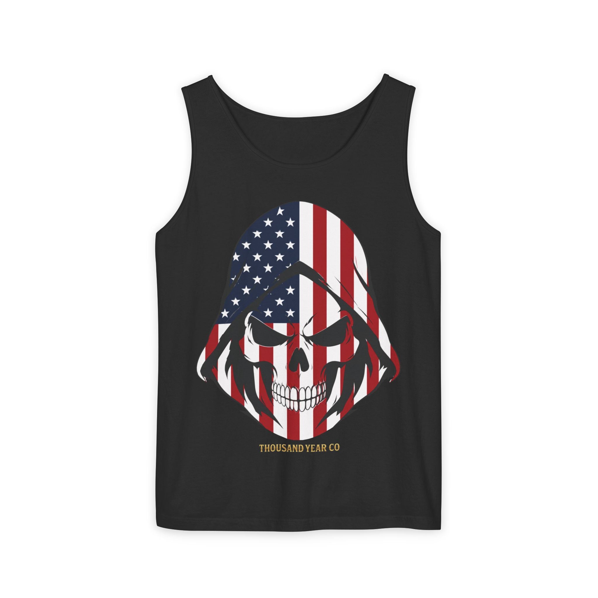 American Flag Skull Tank Top - Patriotic Hooded Skull Sleeveless Tee