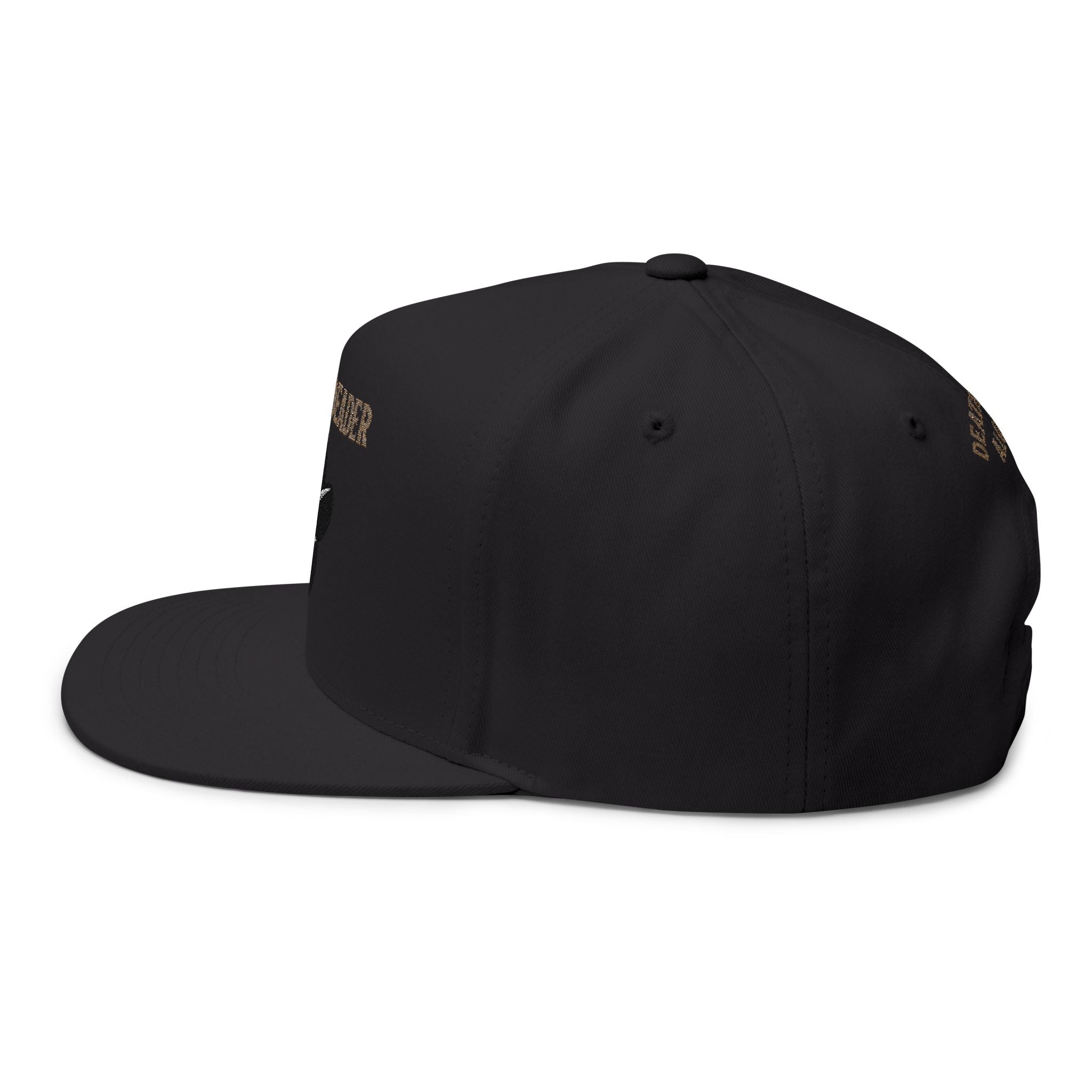 Black cap with gold text on a white background