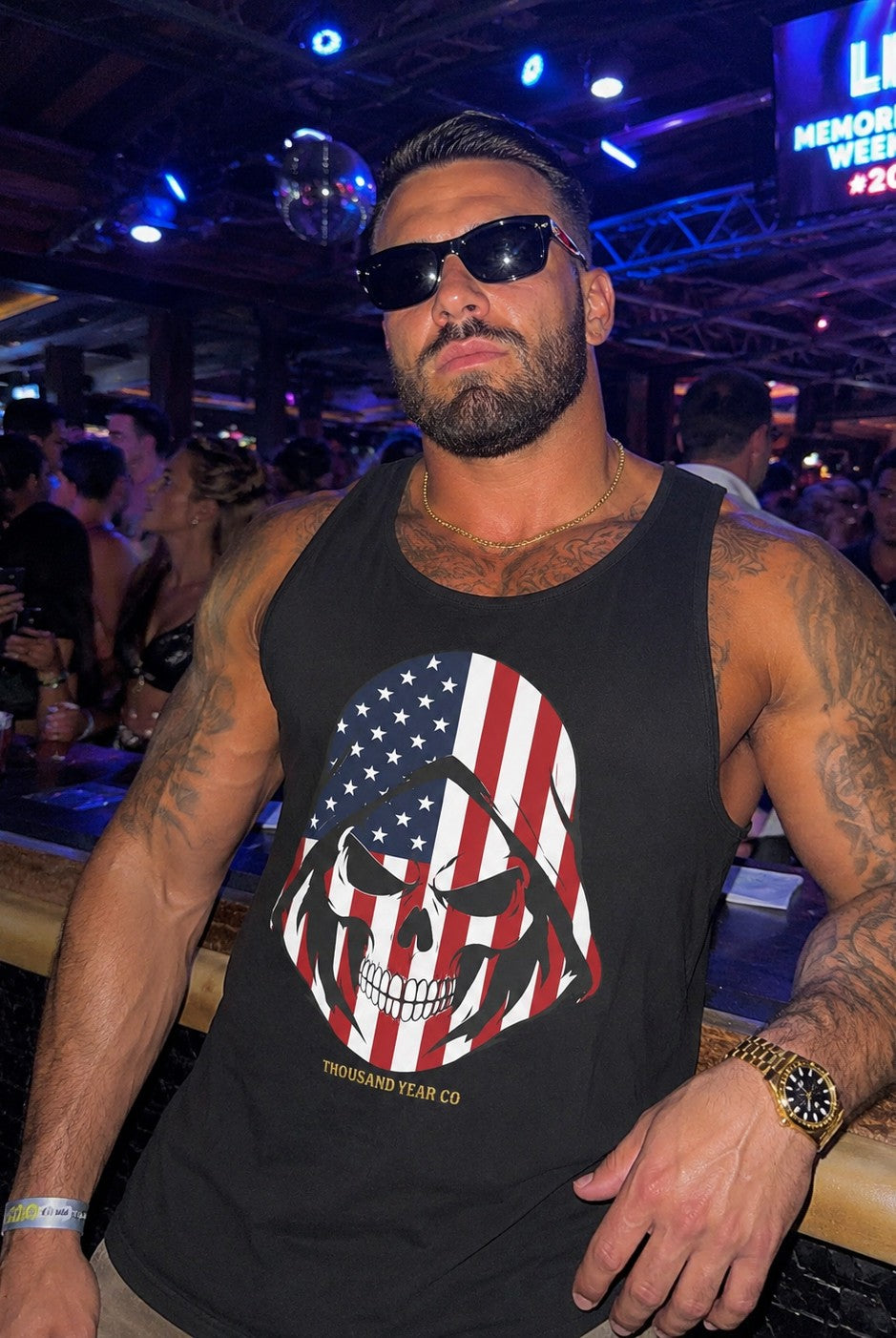 American Flag Skull Tank Top - Patriotic Hooded Skull Sleeveless Tee